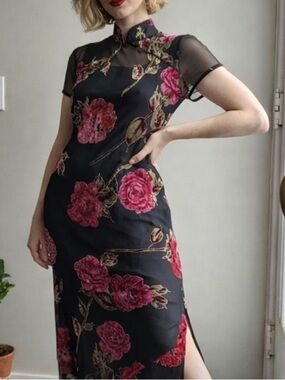 VTG Black Floral Sheer Midi Dress with Slip Rose Print Size 10 timeless classic